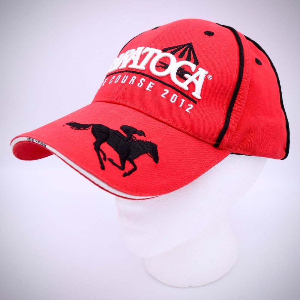 Saratoga NY Horse Race Course Hat Red 2012 Cap Cotton Embroidery Hook Loop Close